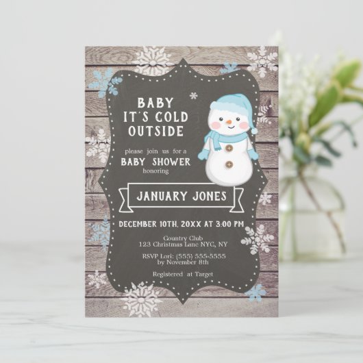 ベビー外が寒い男の子の赤ちゃんシャワー、雪だるま 招待状 (スタンド正面)