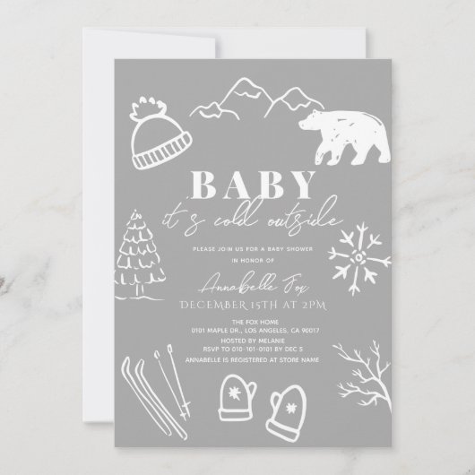 ベビー外で冷たいグレーの赤ちゃんシャワー 招待状 (正面)