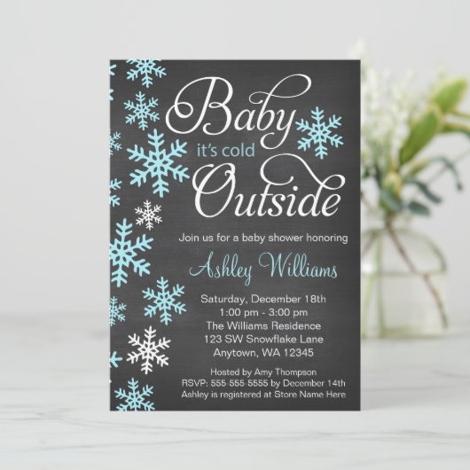 ベビー外の冷たい黒板ブルーベビーシャワー 招待状 (スタンド正面)