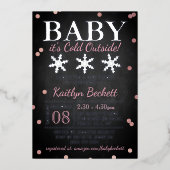 ベビー外の女の子の冬の赤ちゃんシャワー寒い 箔招待状 (正面)