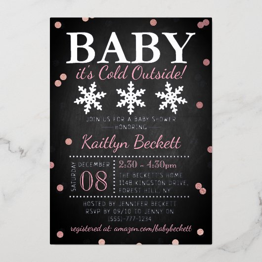 ベビー外の女の子の冬の赤ちゃんシャワー寒い 箔招待状 (正面)