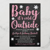 ベビー外の女の子の冬の赤ちゃんシャワー寒い 箔招待状 (正面)