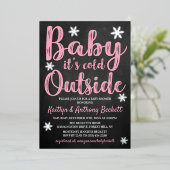 ベビー外の女の子の冬の赤ちゃんシャワー寒い 箔招待状 (立ち正面)