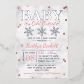 ベビー外の女の子の冬の赤ちゃんシャワー寒い 箔招待状 (正面)