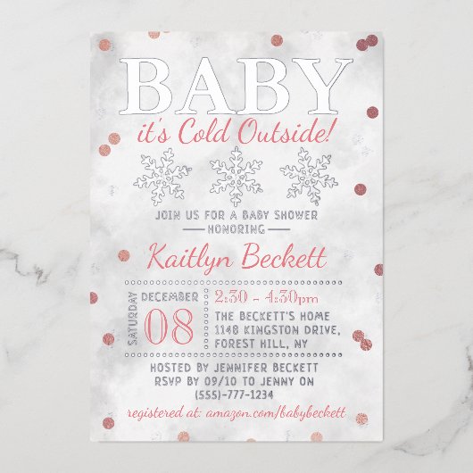 ベビー外の女の子の冬の赤ちゃんシャワー寒い 箔招待状 (正面)