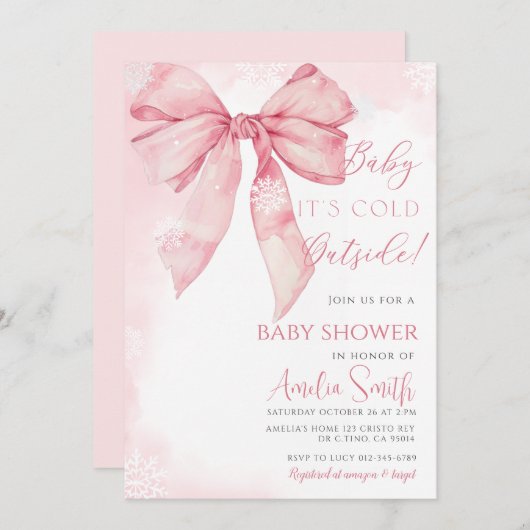 ベビー外は冷たいピンクの弓ガール赤ちゃんシャワー 招待状 (正面/裏面)