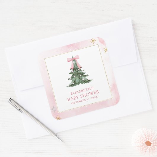 ベビー外は冷たいピンクボウ赤ちゃんシャワー スクエアシール (封筒)