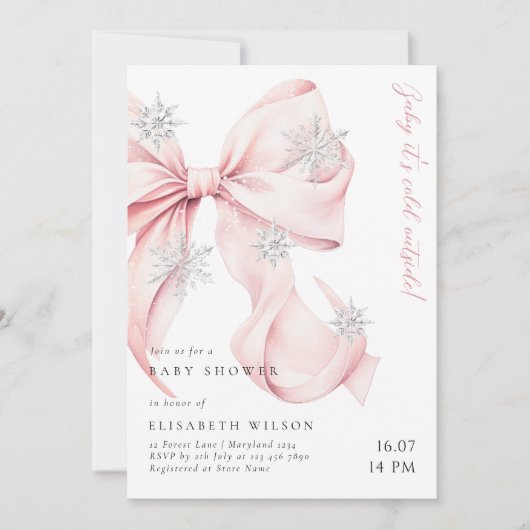 ベビー外は冷たいピンクボウ赤ちゃんシャワー 招待状 (正面)