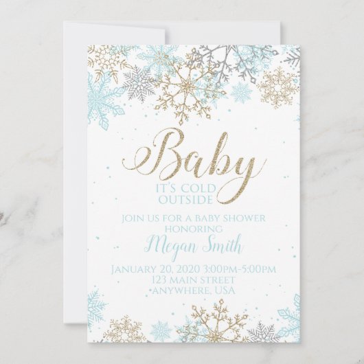 ベビー外は冷たいブルースノーフレーク赤ちゃんシャワー 招待状 (正面)