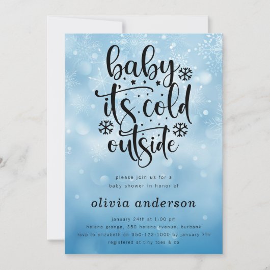 ベビー外は冷たいブルースノーフレーク赤ちゃんシャワー 招待状 (正面)