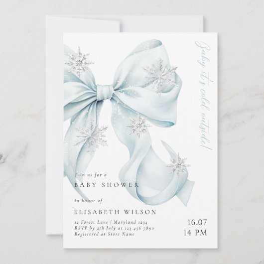 ベビー外は冷たいブルーボウ赤ちゃんシャワー 招待状 (正面)