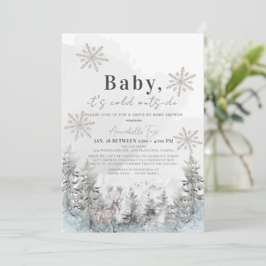 ベビー外は冷たい森の外の車で赤ちゃんシャワー 招待状 (スタンド正面)