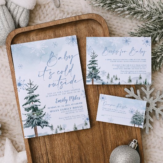 ベビー外は冷たい、冬の青い赤ちゃんシャワー 招待状