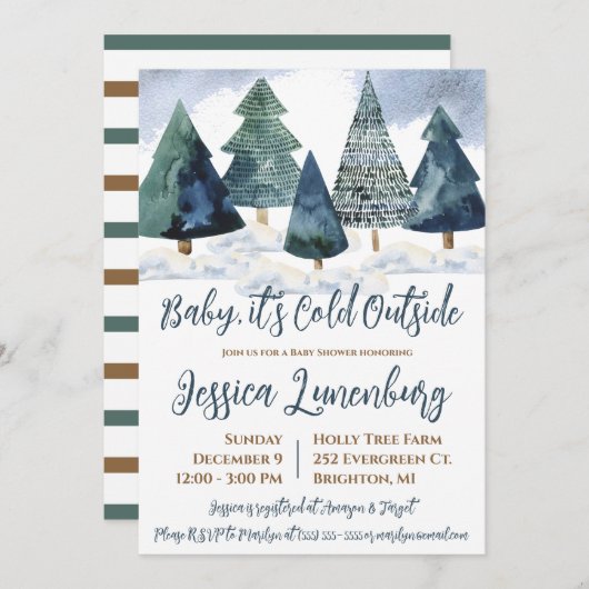ベビー外は冷たい、常緑樹の赤ちゃんシャワー 招待状 (正面/裏面)