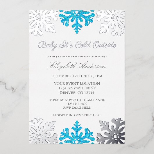 ベビー外は寒いスノーフレーク赤ちゃんシャワー 箔招待状 (正面)