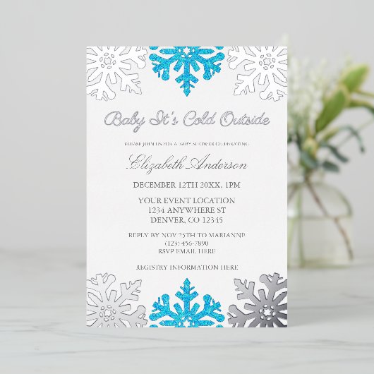 ベビー外は寒いスノーフレーク赤ちゃんシャワー 箔招待状 (立ち正面)