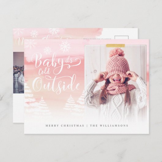 ベビー外は寒いピンクの冬のクリスマス写真 ポストカード (正面/裏面)