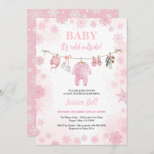 ベビー外は寒いベイビーシャワーピンクの女の子のウィント 招待状 (正面/裏面)