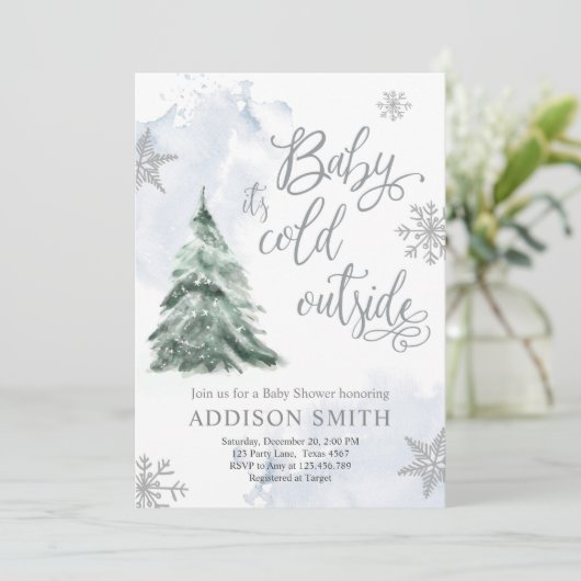ベビー外は寒い冬の木の少年のベビーシャワー 招待状 (スタンド正面)