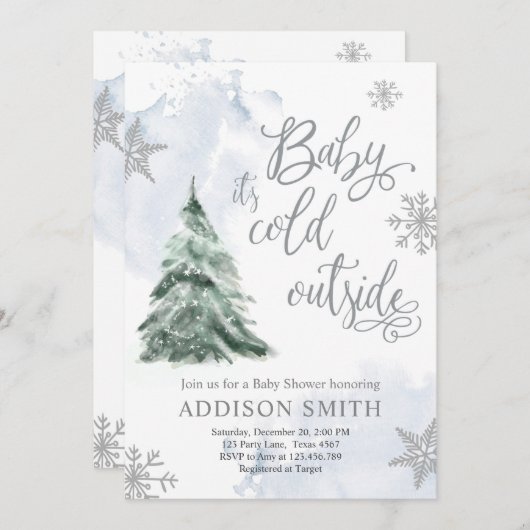 ベビー外は寒い冬の木の少年のベビーシャワー 招待状 (正面/裏面)