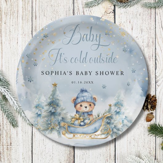 ベビー外は寒い冬熊│青金ゴールド ペーパープレート