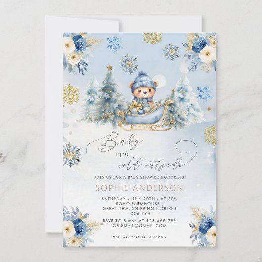 ベビー外は寒い可愛いクマの赤ちゃんシャワー 招待状 (正面)