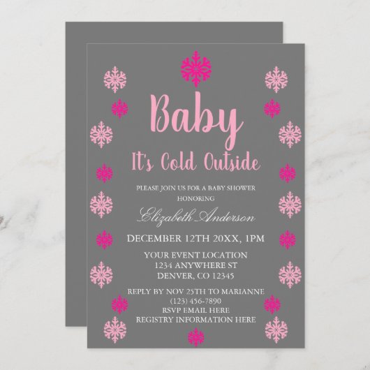 ベビー外は寒い女の子の冬の赤ちゃんシャワー 招待状 (正面/裏面)