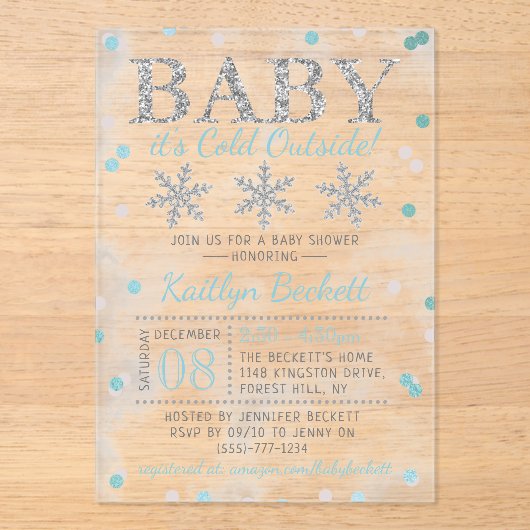 ベビー外は寒い男の子の冬の赤ちゃんシャワー アクリル招待状 (正面)