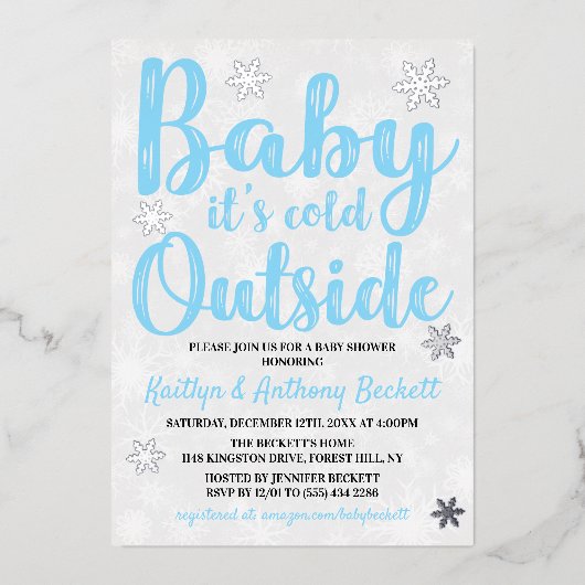 ベビー外は寒い男の子の冬の赤ちゃんシャワー 箔招待状 (正面)