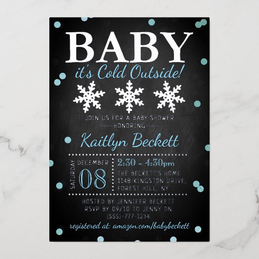 ベビー外は寒い男の子の冬の赤ちゃんシャワー 箔招待状 (正面)