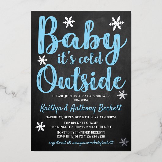 ベビー外は寒い男の子の冬の赤ちゃんシャワー 箔招待状 (正面)