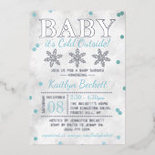 ベビー外は寒い男の子の冬の赤ちゃんシャワー 箔招待状 (正面)