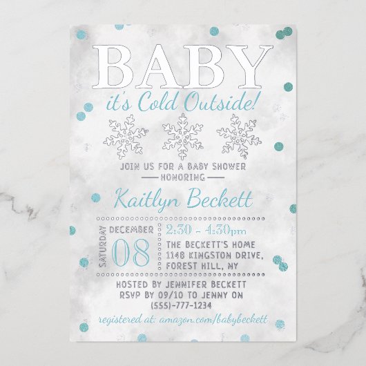 ベビー外は寒い男の子の冬の赤ちゃんシャワー 箔招待状 (正面)