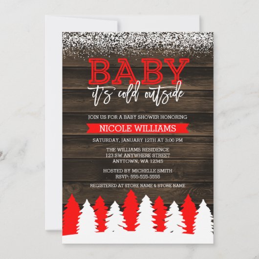 ベビー外は寒い雪の赤いベビーシャワー 招待状 (正面)