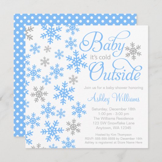ベビー外は寒い青灰色のベビーシャワー 招待状 (正面/裏面)