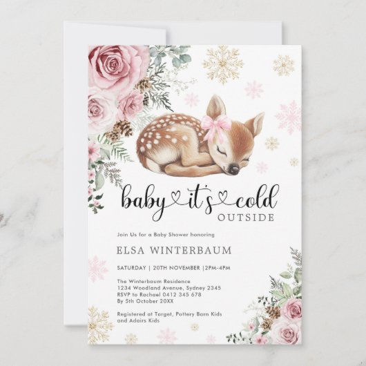 ベビー外は寒い鹿ピンクの金ゴールド赤ちゃんシャワー 招待状 (正面)