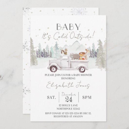 ベビー外は寒い、冬の赤ちゃんシャワー 招待状 (正面/裏面)