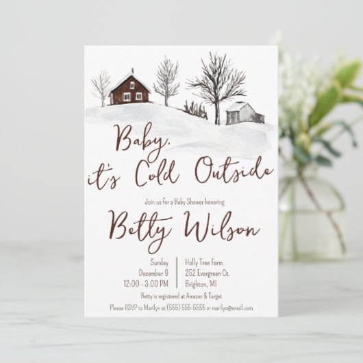 ベビー外は寒い、冬の農場の赤ちゃんシャワー 招待状 (スタンド正面)