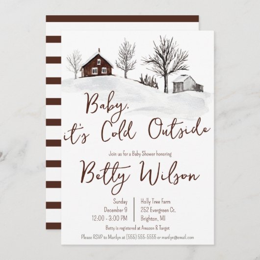 ベビー外は寒い、冬の農場の赤ちゃんシャワー 招待状 (正面/裏面)