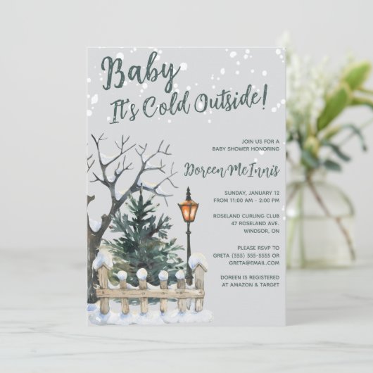 ベビー外は寒く、冬をテーマにした赤ちゃんシャワー 招待状 (スタンド正面)
