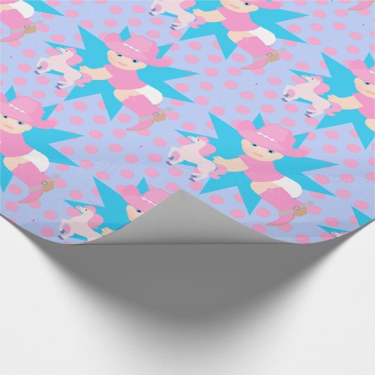 ベビー女性のカーボーイとホール任意の時ピンク水玉模様 ラッピングペーパー (角)