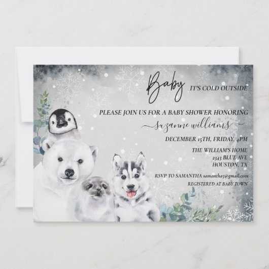 ベビー寒冷で北極圏外の動物シャワー冬 招待状 (正面)
