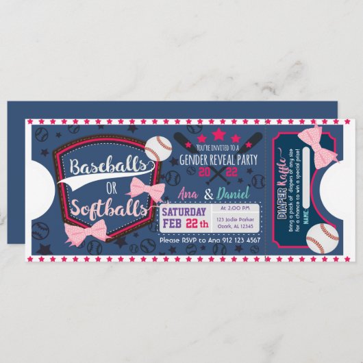 ベビー性がベースボールまたはソフトボールを明らかにする 招待状 (正面/裏面)