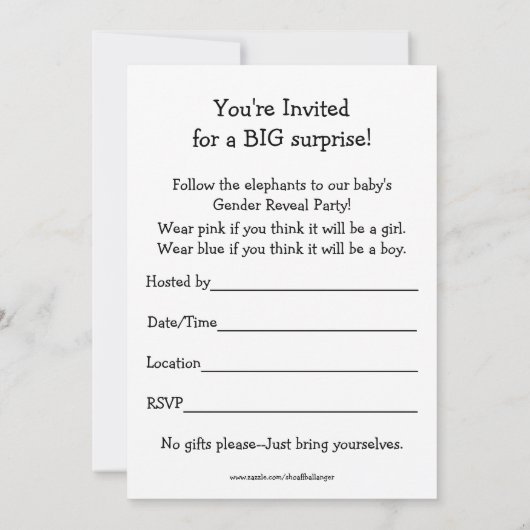 ベビー性別がパーティの招待状、ゾウを明らかにする 招待状 (裏面)