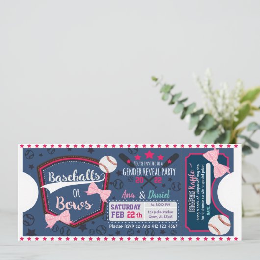 ベビー性別がベースボールまたは弓おむつラッフルを明らかにする 招待状 (スタンド正面)
