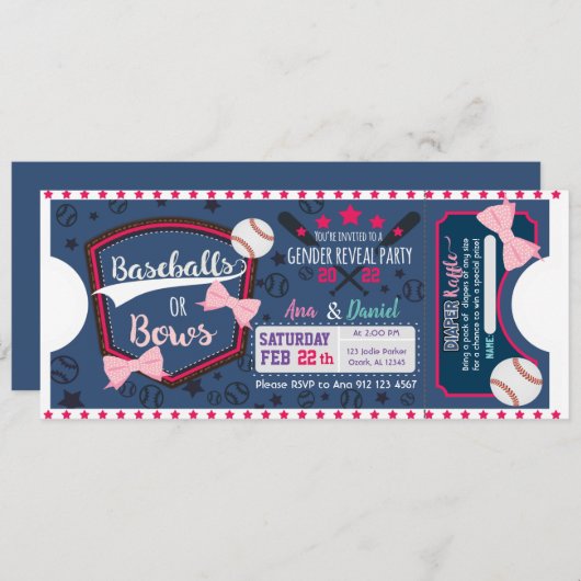 ベビー性別がベースボールまたは弓おむつラッフルを明らかにする 招待状 (正面/裏面)