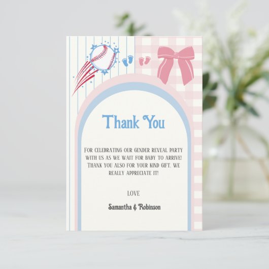 ベビー性別がベースボールまたは弓を明らかにする サンキューカード (スタンド正面)