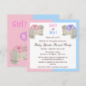 ベビー性別発表 ピンクとブルーのウサギとベビーベッド 招待状 (正面/裏面)