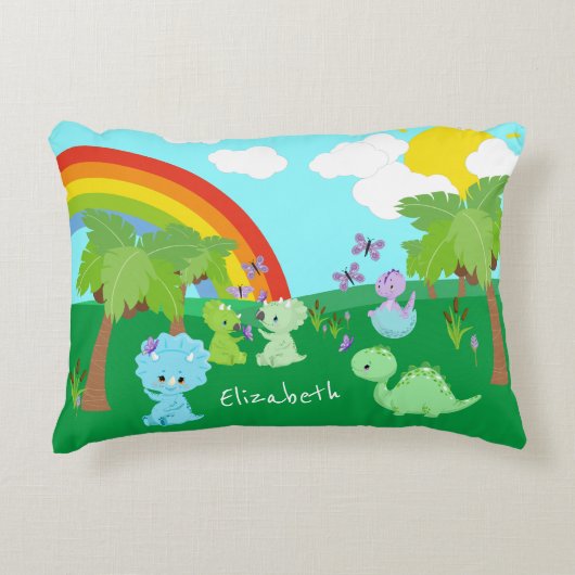 ベビー恐竜と蝶、虹、太陽 アクセントクッション (正面)