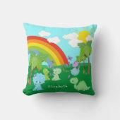 ベビー恐竜と蝶、虹、太陽 クッション (正面)